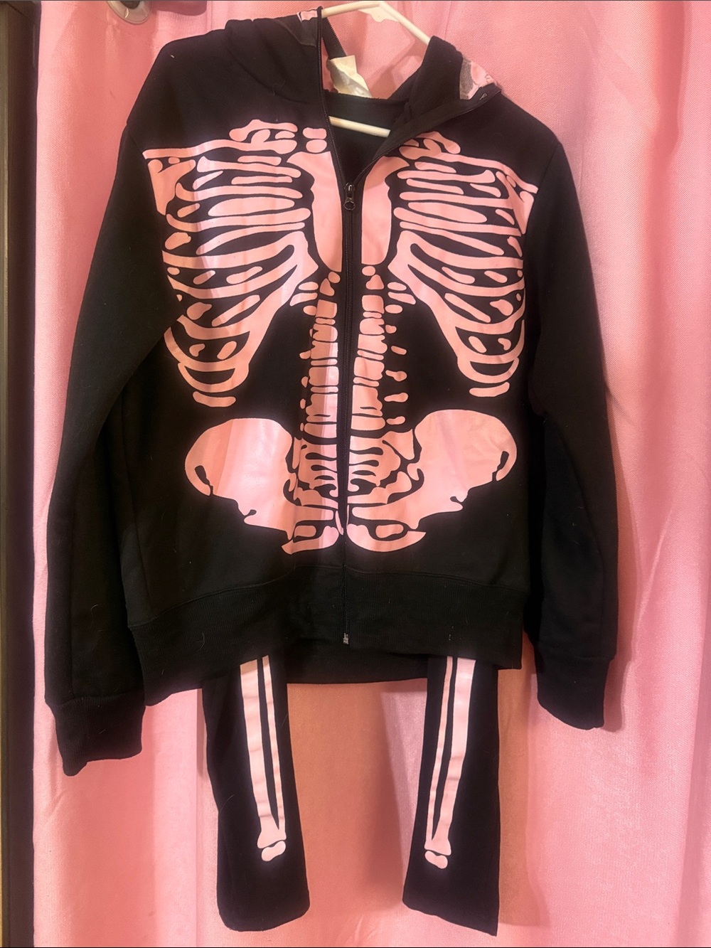 Dolls Kill Black Hoodie & Leggings Set with Pink Skeleton Print